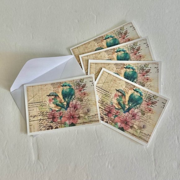 Set of 5 Collage w/pr of Birds small handmade folded blank gift, greeting, journ - Picture 2 of 4